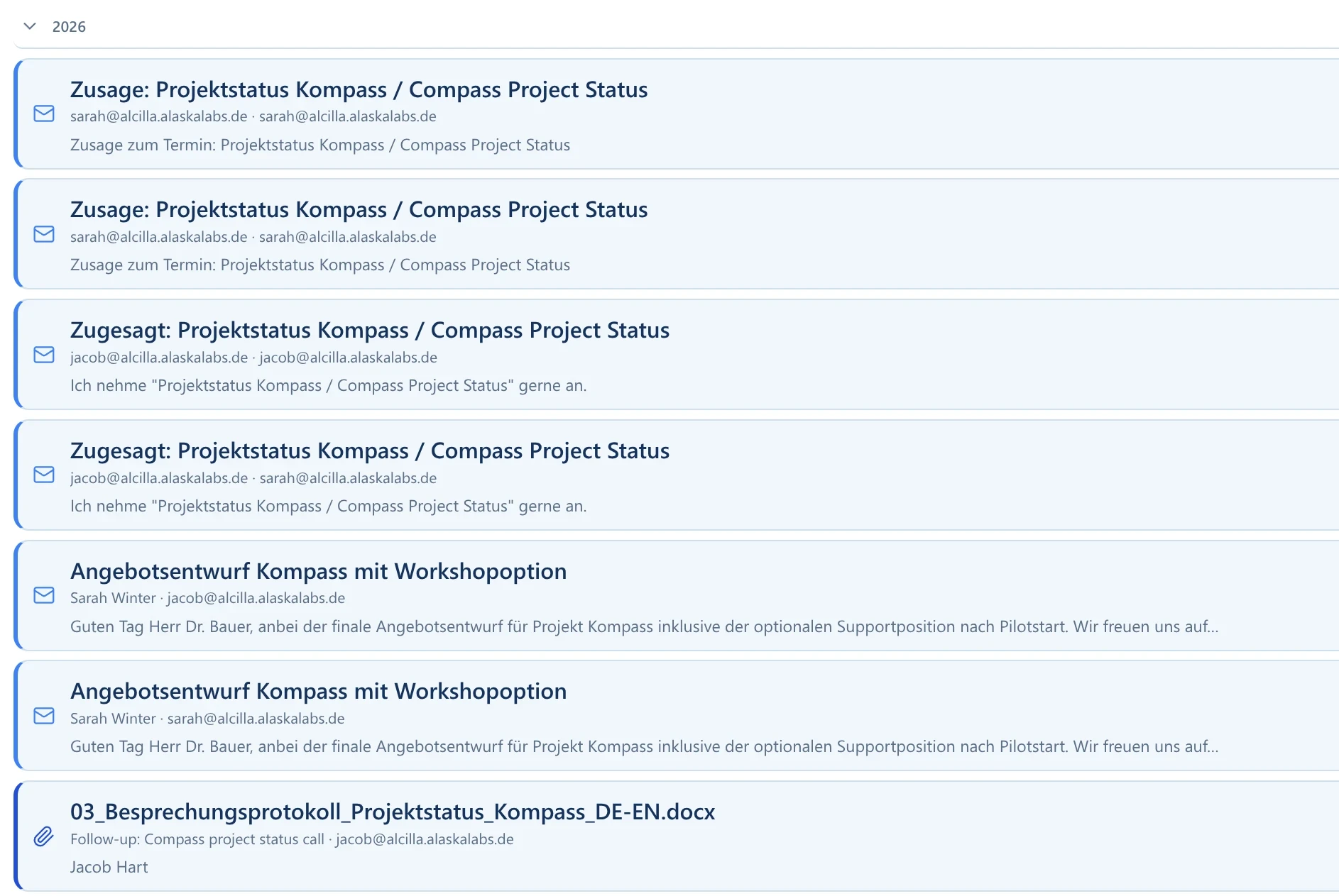 Listenansicht in Explore mit E-Mails und Dokumenten eines ausgewählten Zeitraums