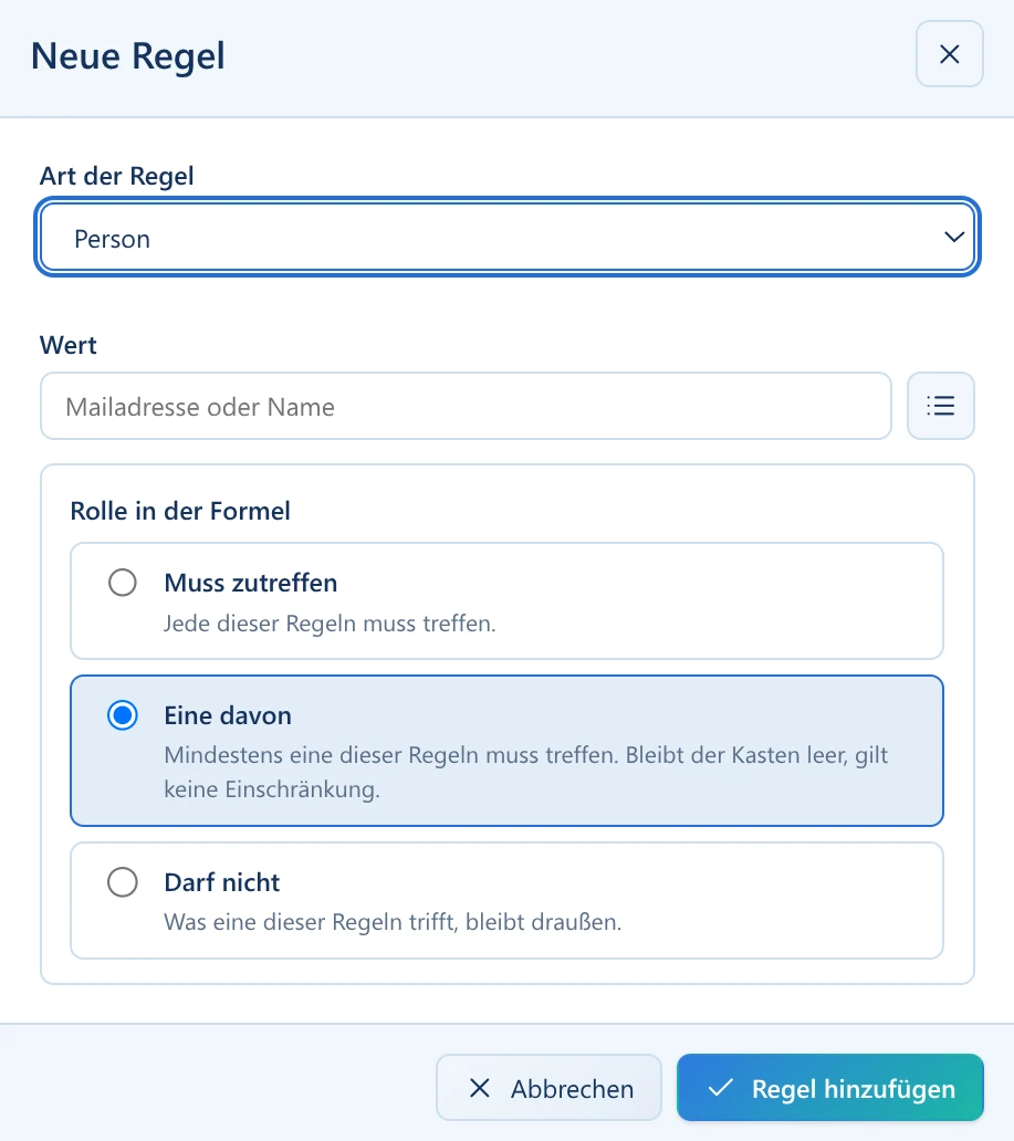 Dialog zum Erstellen einer Explore-Ansicht mit frei kombinierbaren Regeln