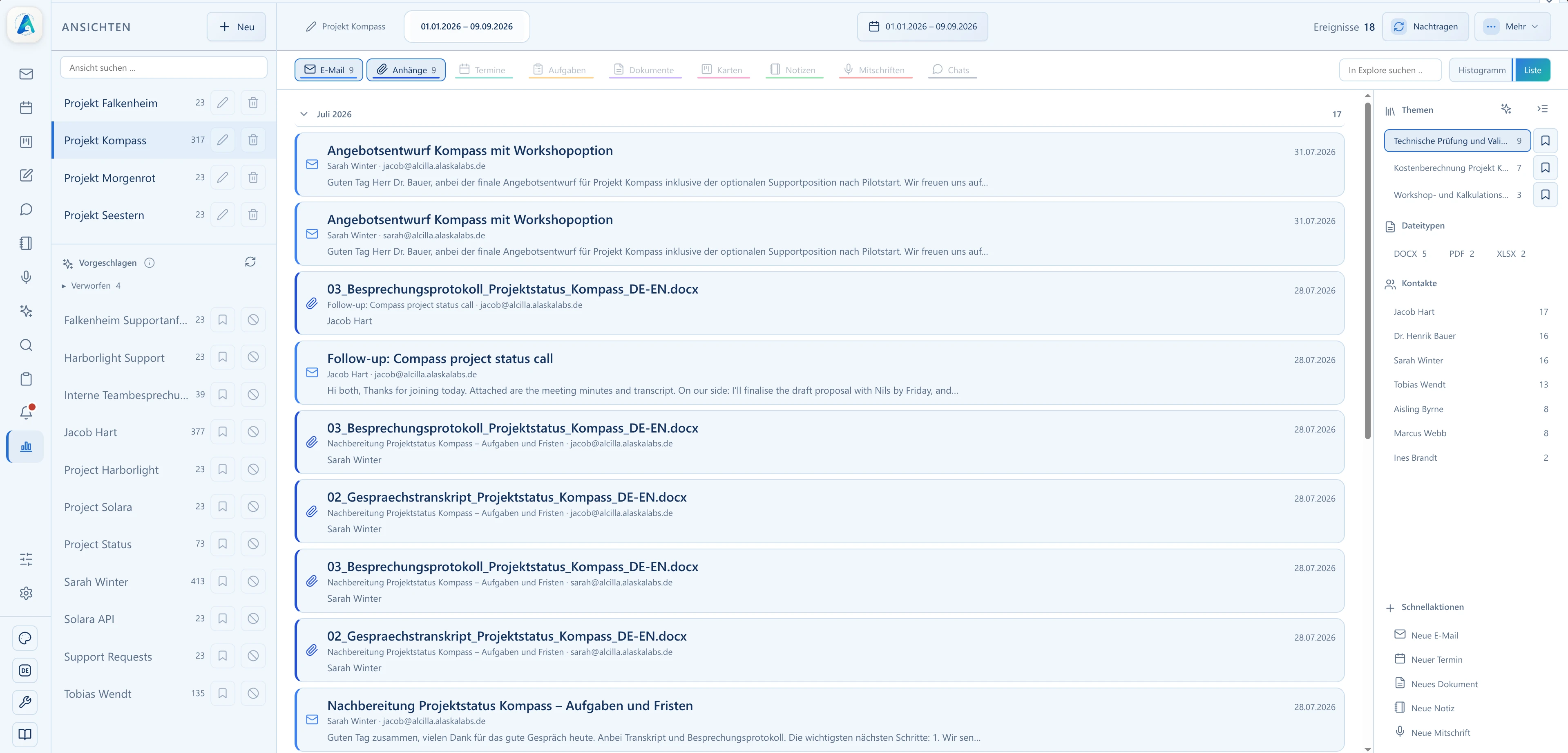 Liste der konkreten Treffer innerhalb eines ausgewählten Explore-Zeitraums