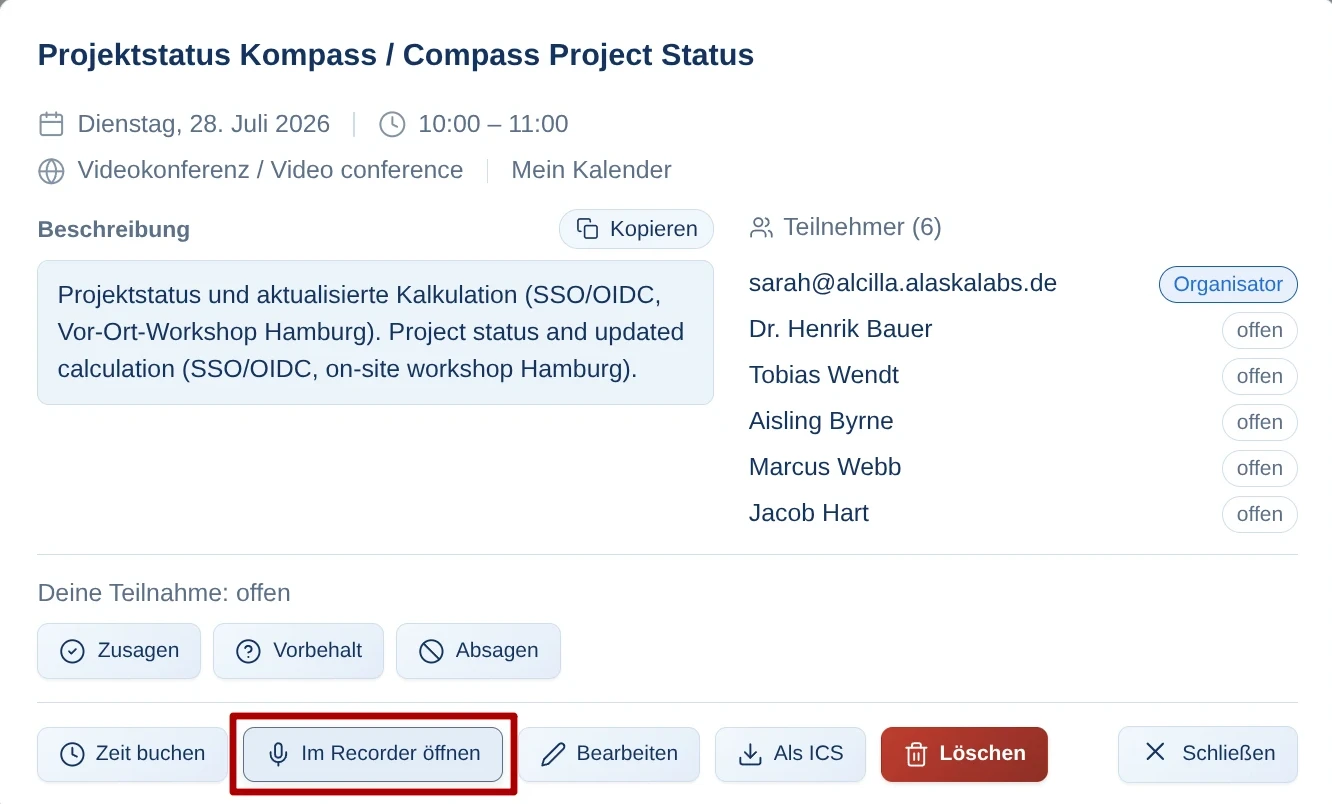 Übergabe eines Kalendertermins mit Agenda und Teilnehmern an den Alcilla Recorder
