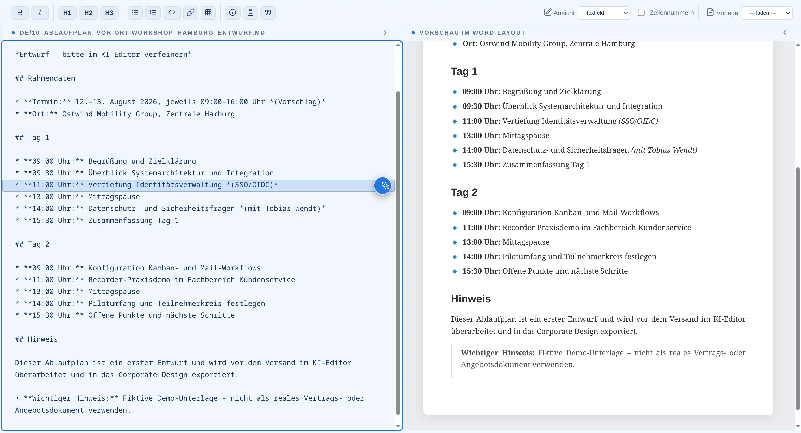 Live-Vorschau im Word-Layout