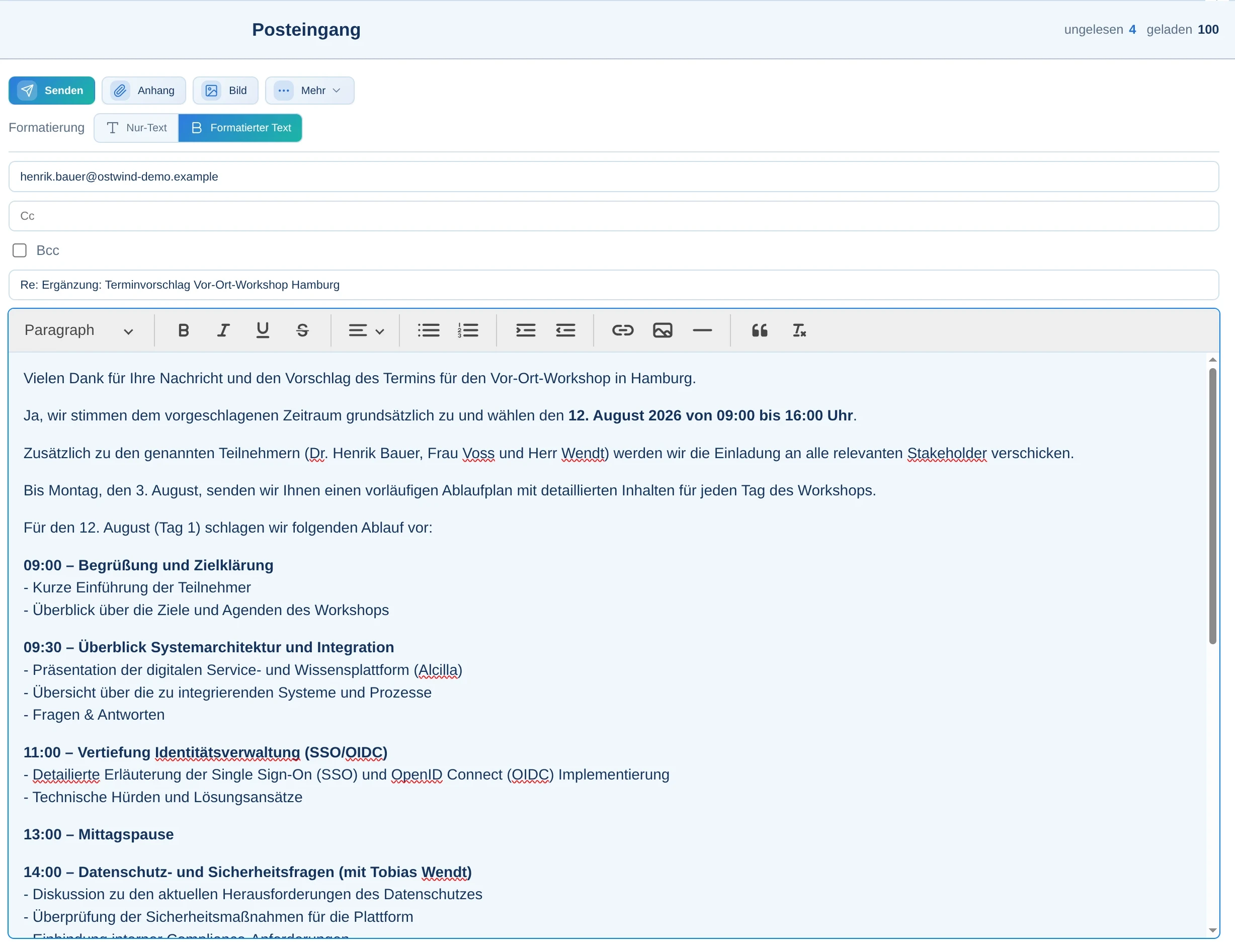 Geöffnete E-Mail mit einem bearbeitbaren Antwortvorschlag in Alcilla Mail