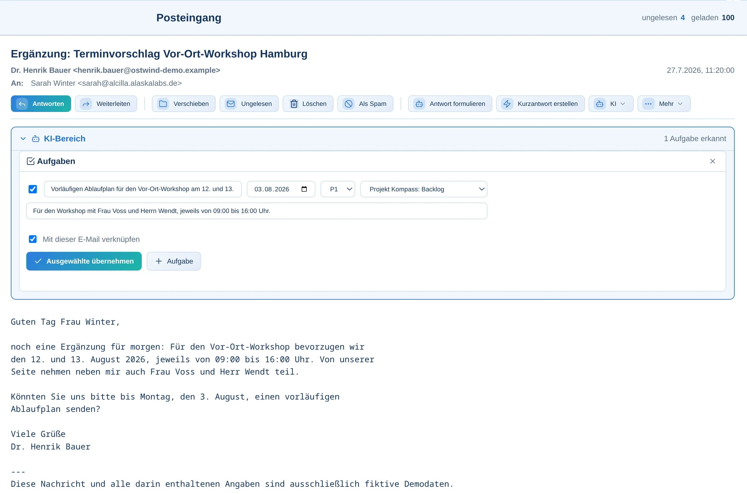 Aus einer E-Mail erkannte Aufgabe mit Übergabe an Kanban oder Kalender