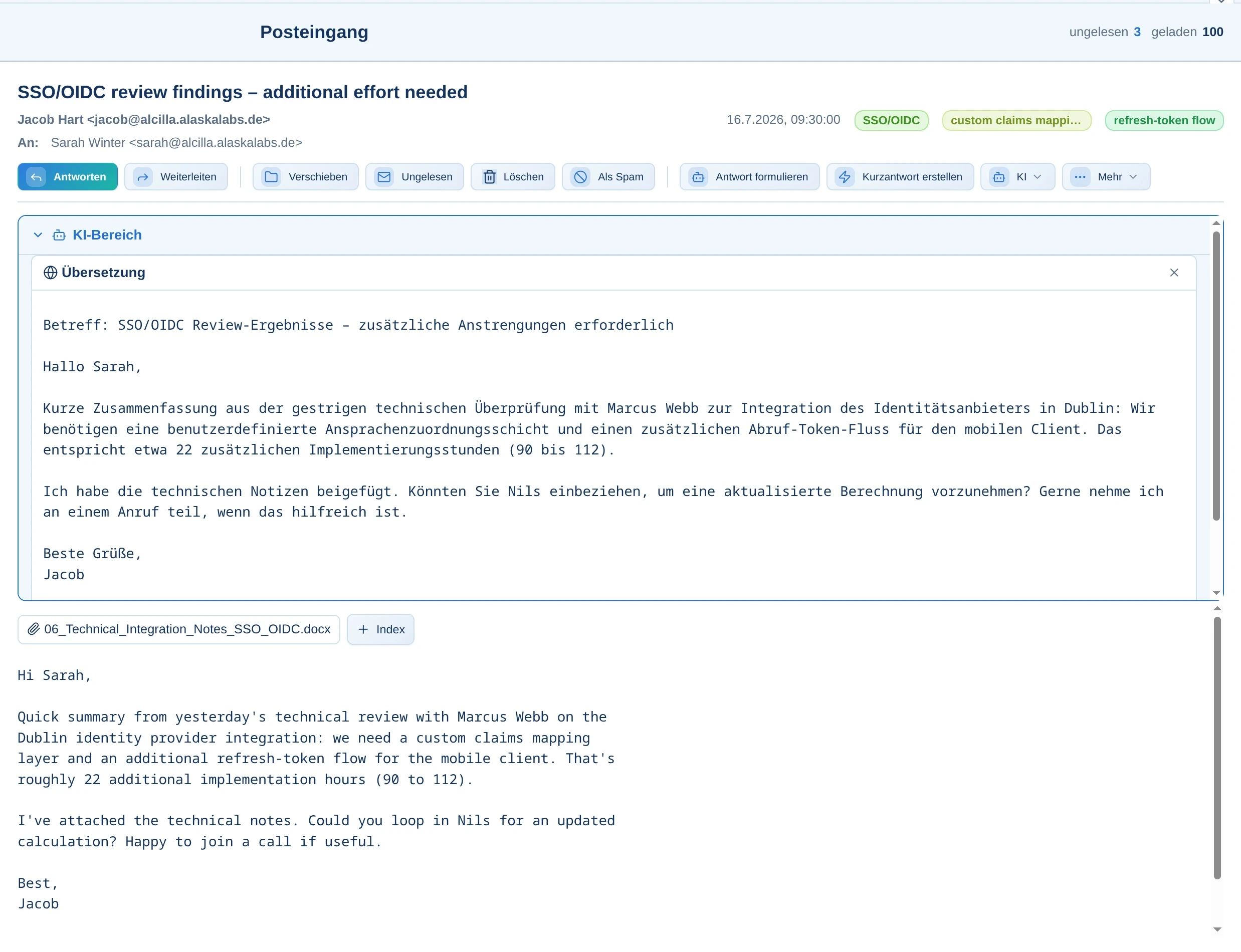 KI-Werkzeuge zum Übersetzen, Zusammenfassen und Einordnen einer E-Mail