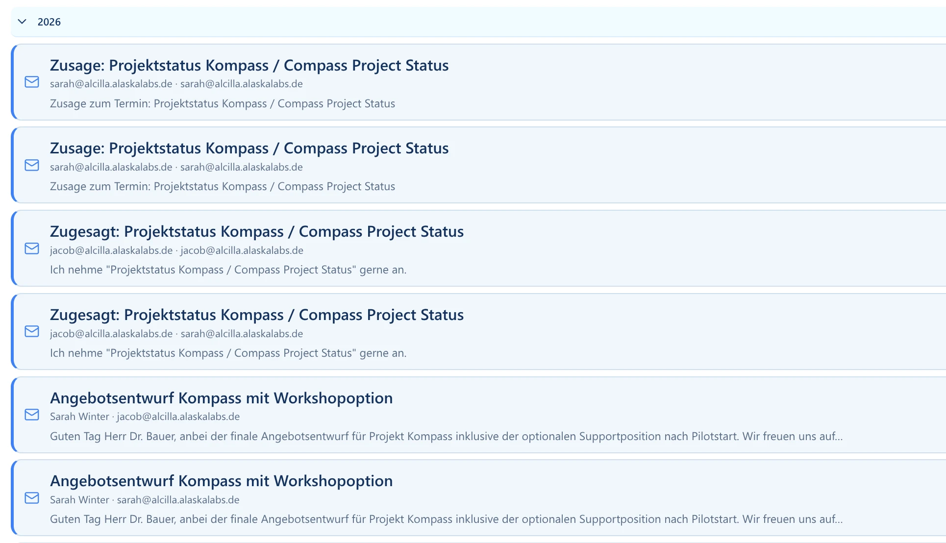 List view in Explore showing emails and documents from a selected time range
