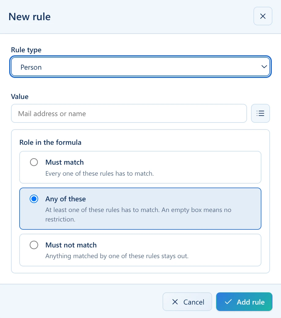 Dialog for creating an Explore view with freely combinable rules