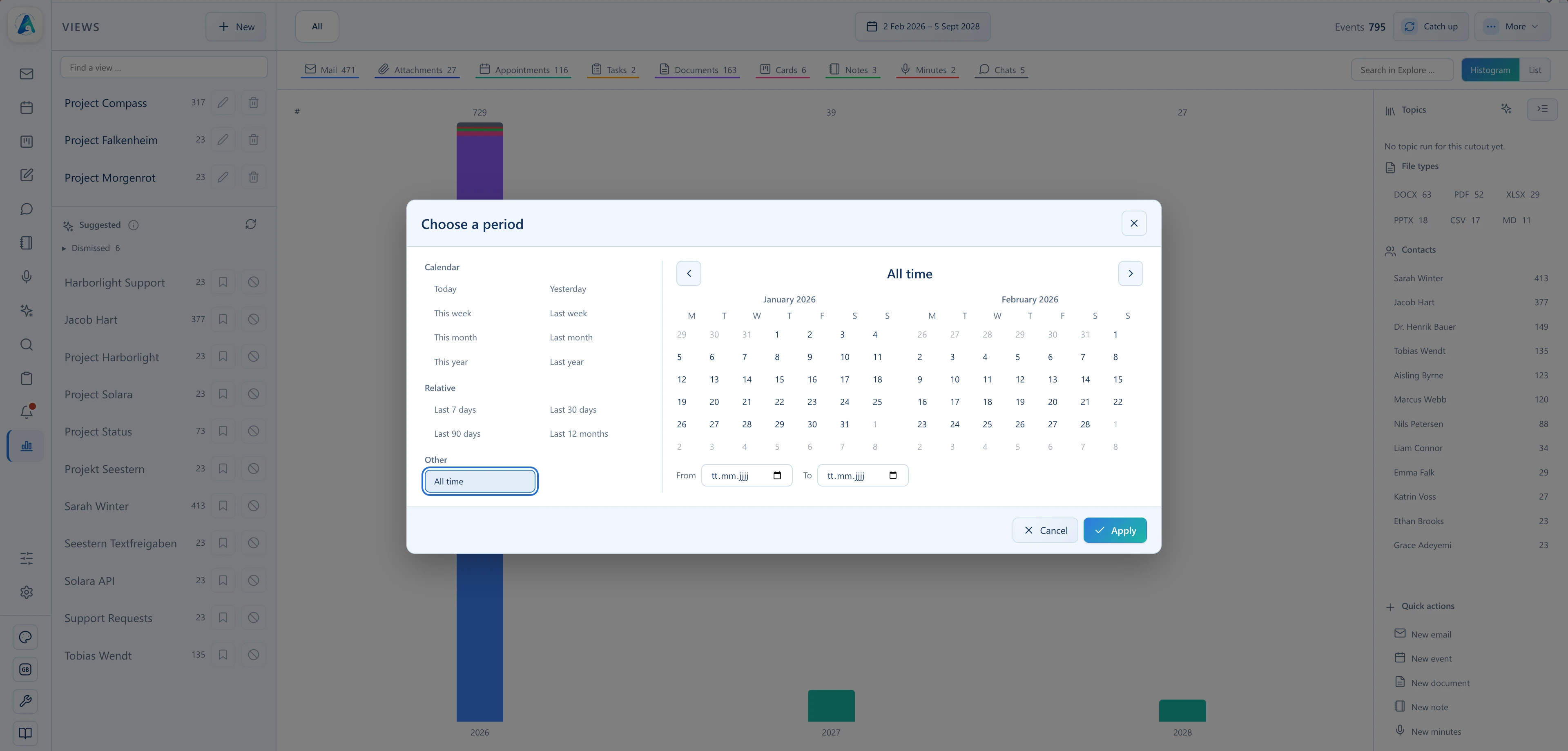 Time-based navigation through an Explore view from a year down to an individual month