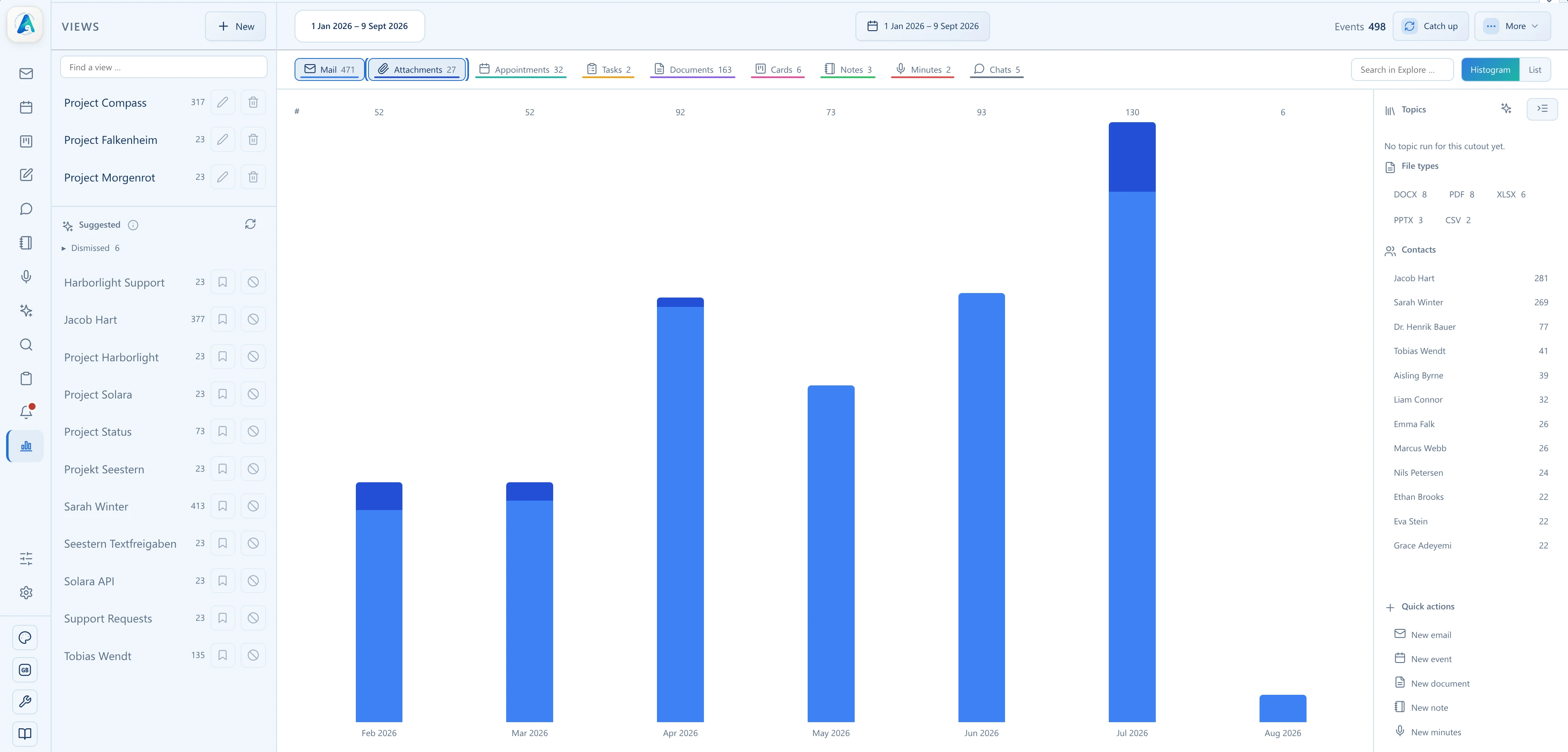 Explore view filtered by content types such as emails, documents, and recordings