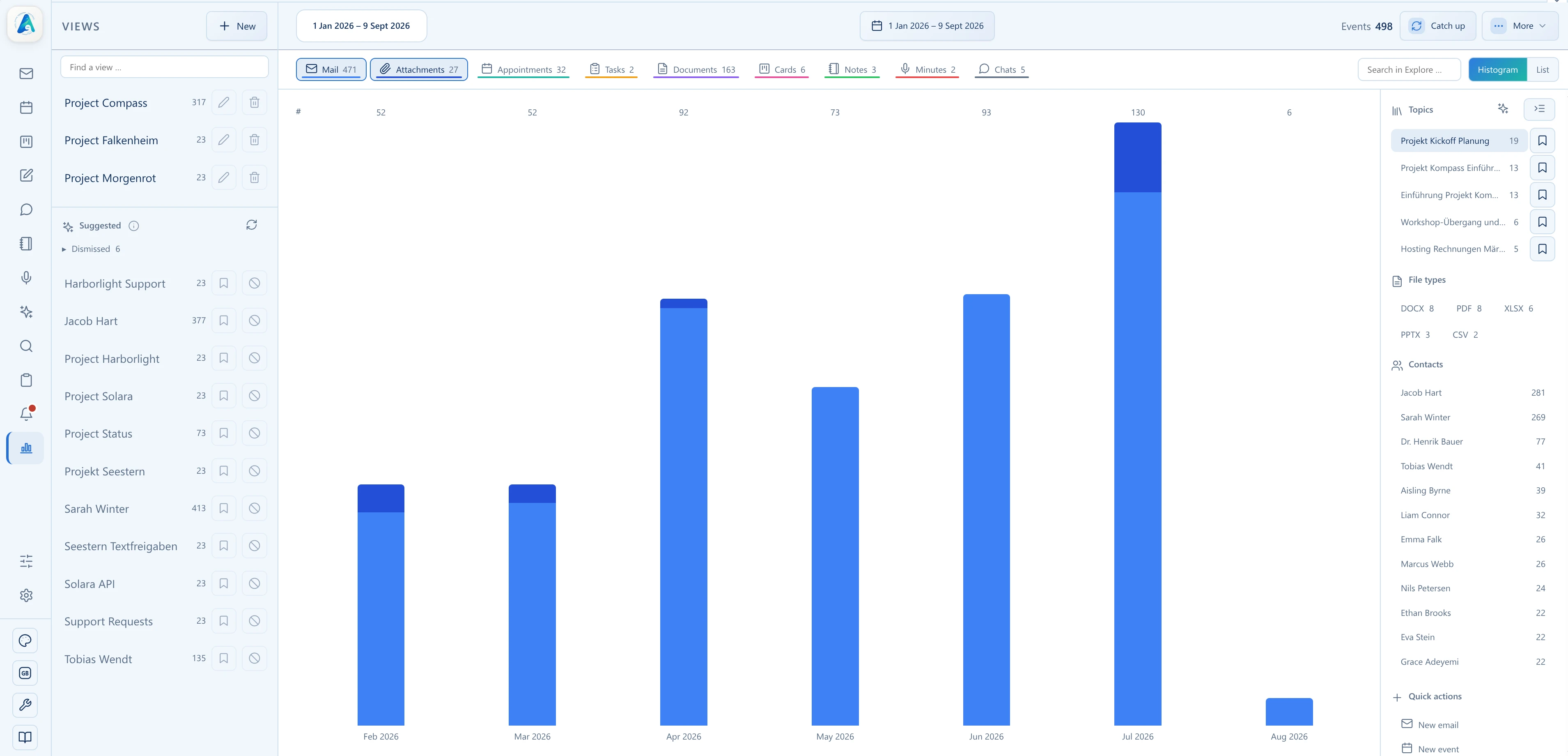 AI-detected topics in an Explore view with filtering options