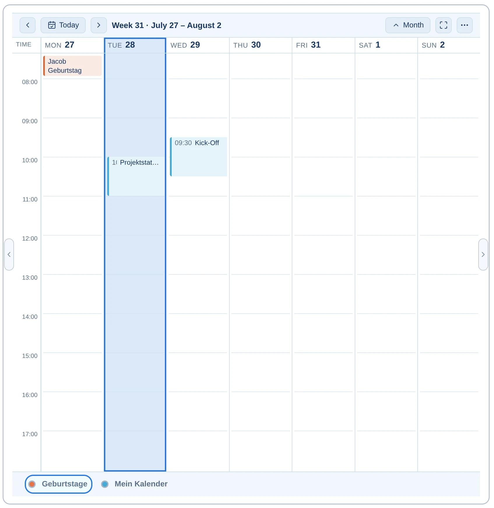 Unified calendar view with personal calendars, team calendars, and holidays