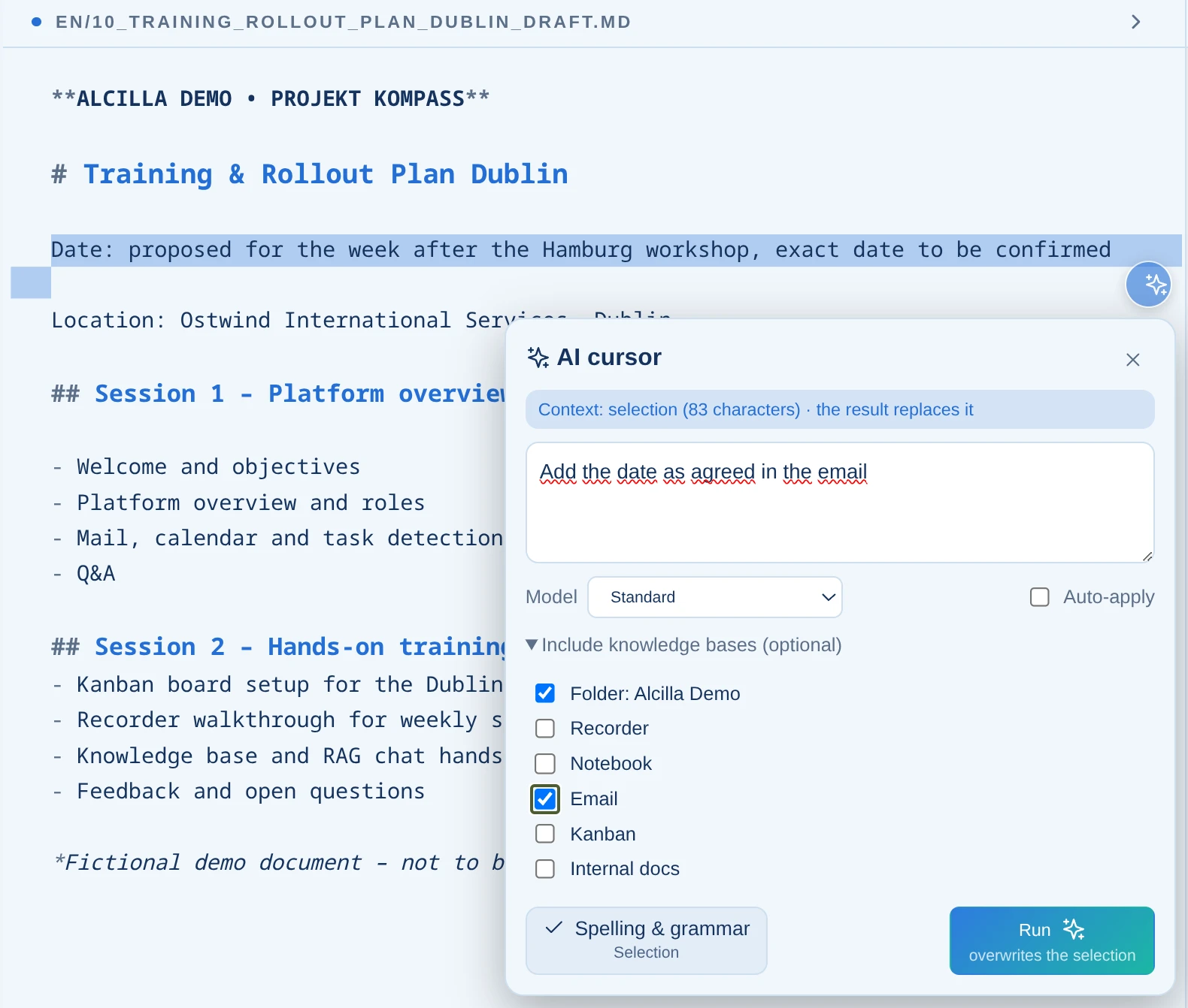 AI actions directly on the text