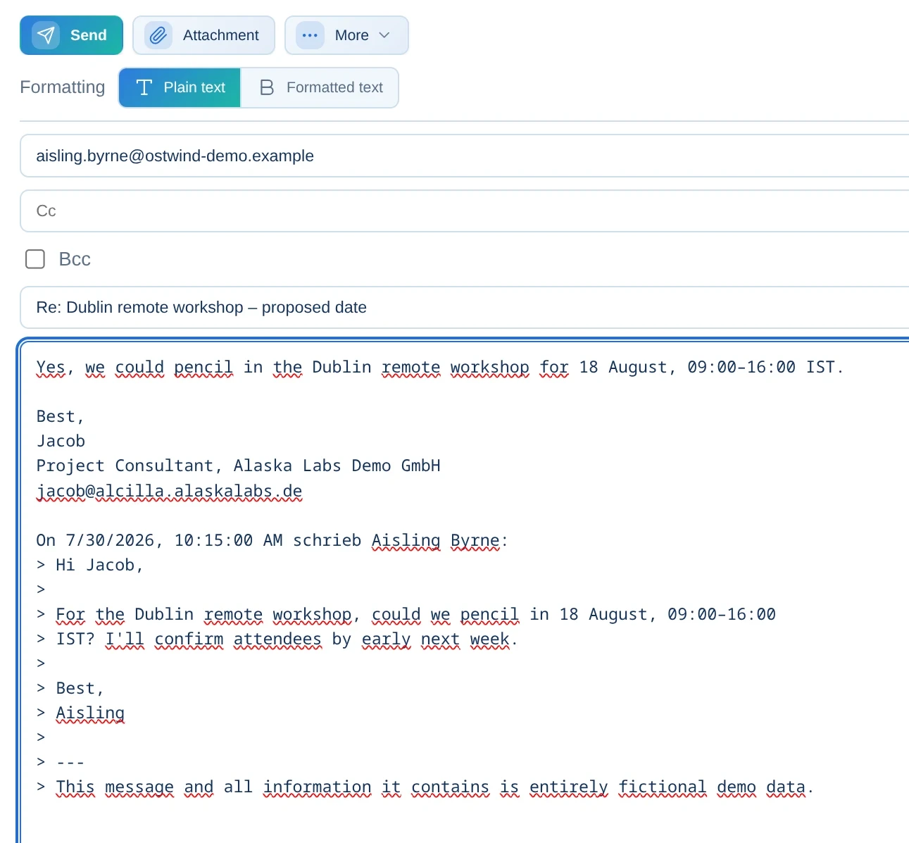 Open email with an editable suggested reply in Alcilla Mail