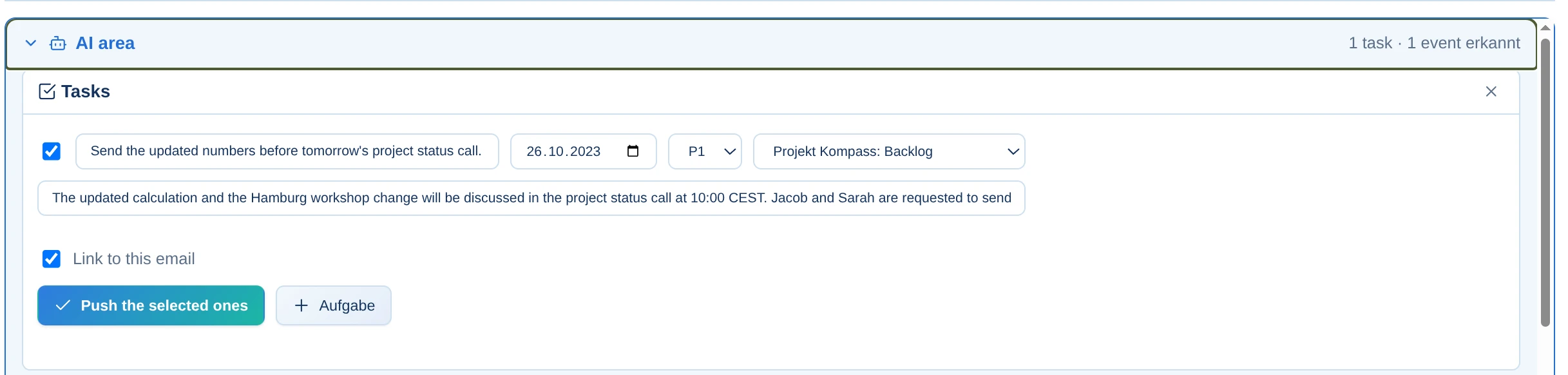 Task detected in an email with transfer to Kanban or the calendar