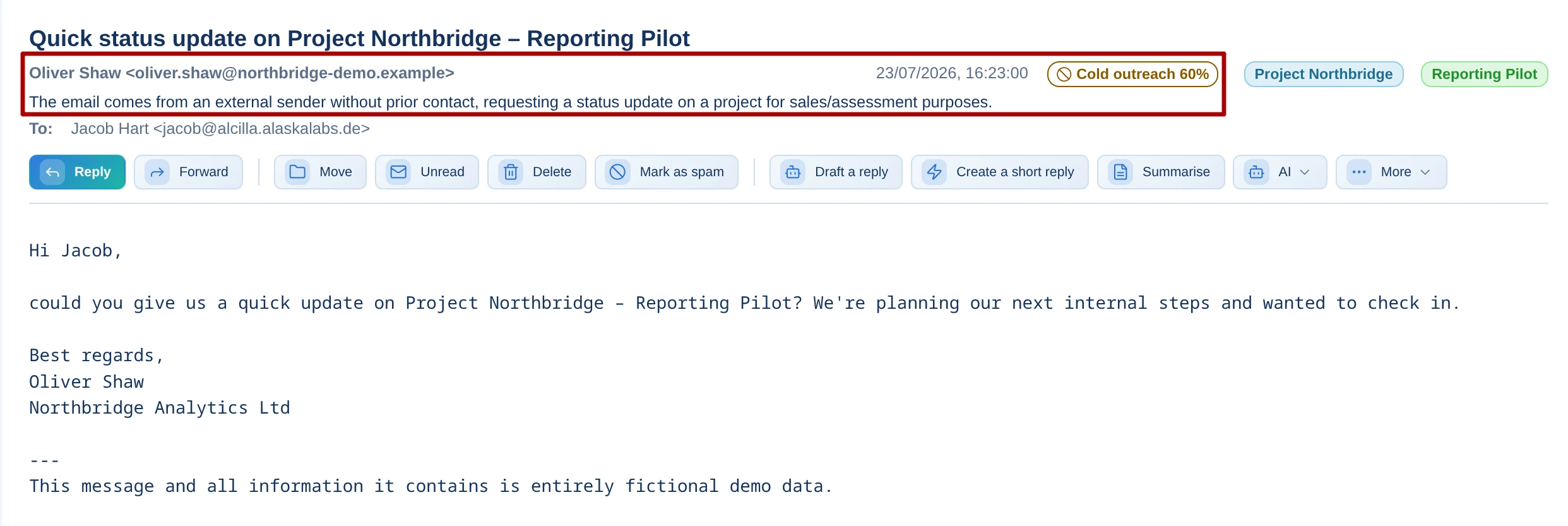 Transparent spam classification showing the detected characteristics of a message