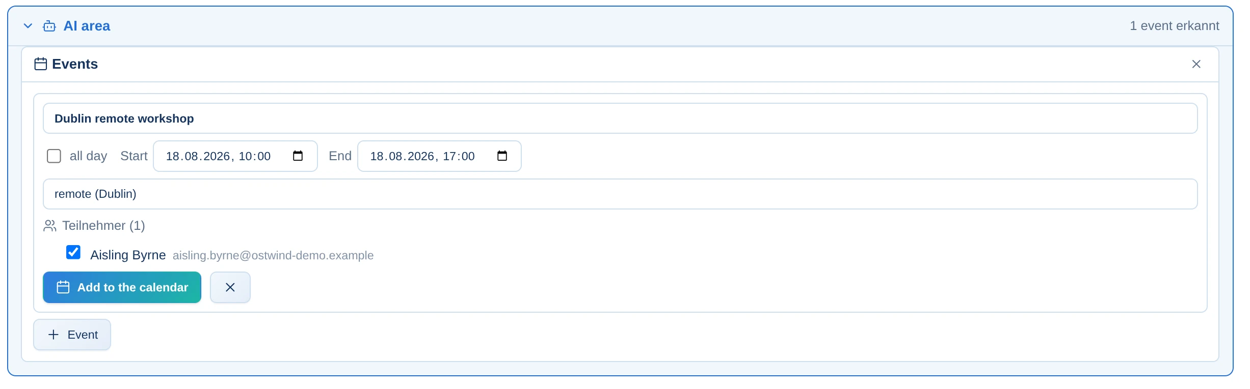 Alcilla Mail detects an appointment and offers to add it to the calendar