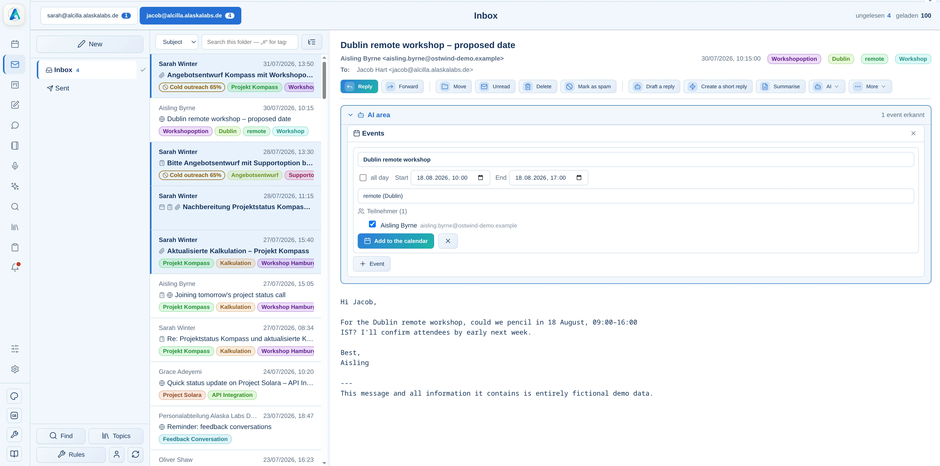 Summary, reply, appointment, and task presented as AI suggestions