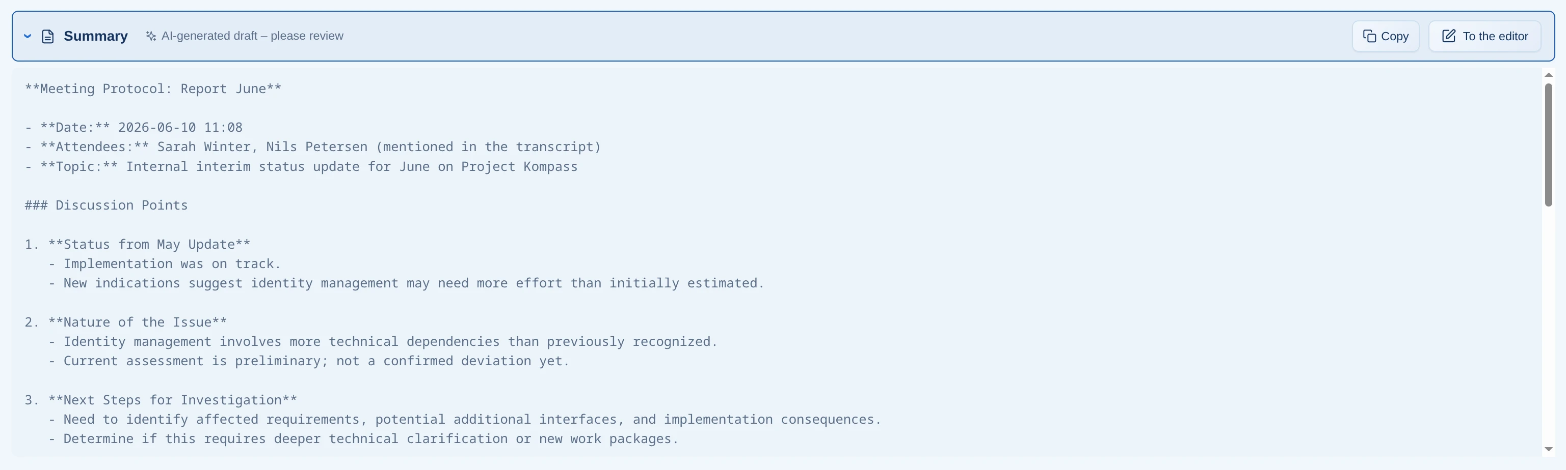 After recording: transcript and structured minutes